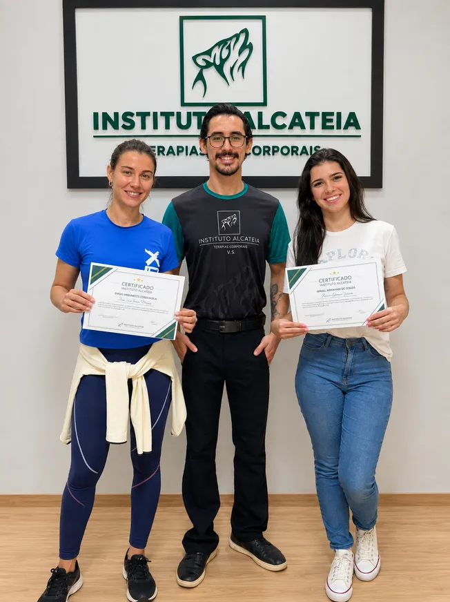 Vitor Guilherme com duas alunas segurando certificados da formação no Método Alcateia, em frente à placa do Instituto Alcateia